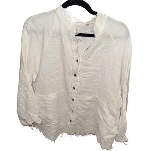SHEIN LEISURE White Gauze Button Down Shirt Top Long Sleeve Size M